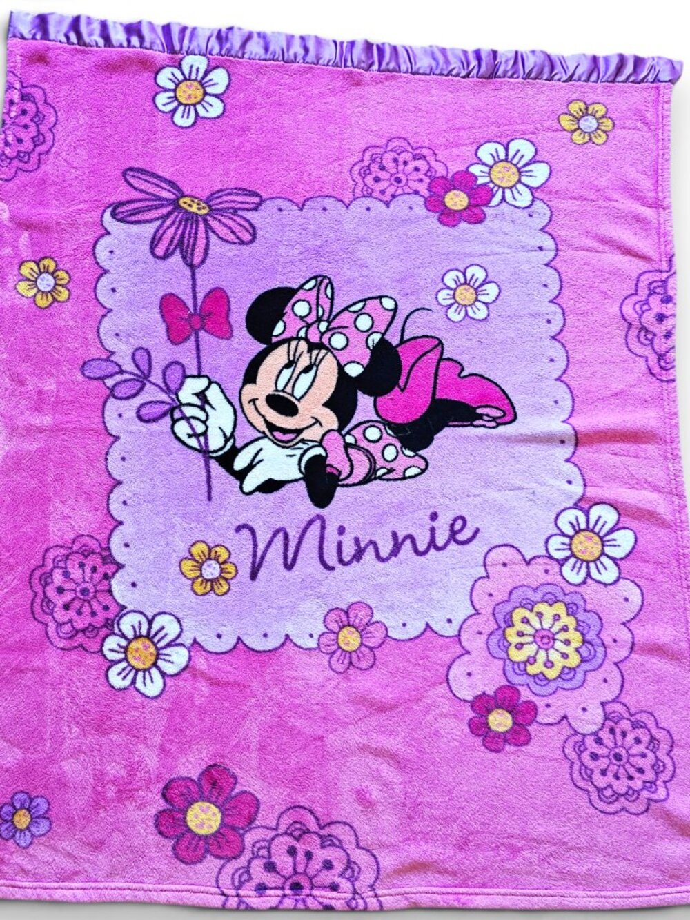 Disney Minnie Mouse Childrens Blanket Pink Purple Satin Top Trim Floral 38x48.5